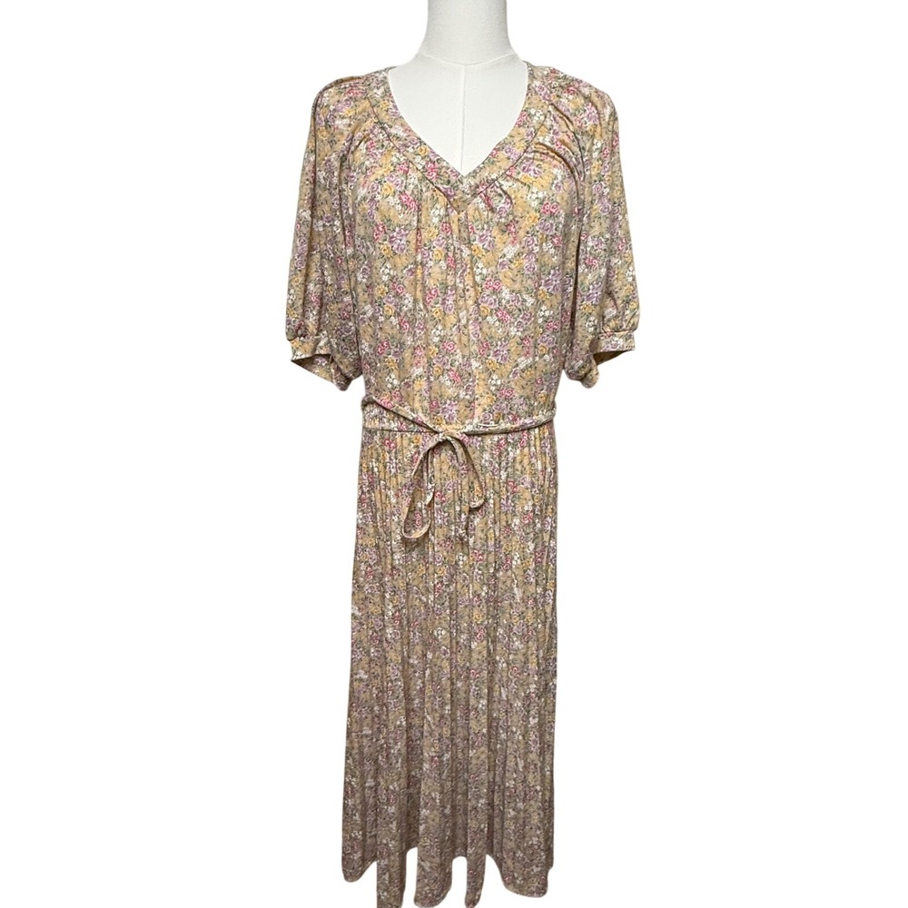 Vintage Jody of California Floral Midi Dress V-Neck Puff Sleeve Cottagecore Pink